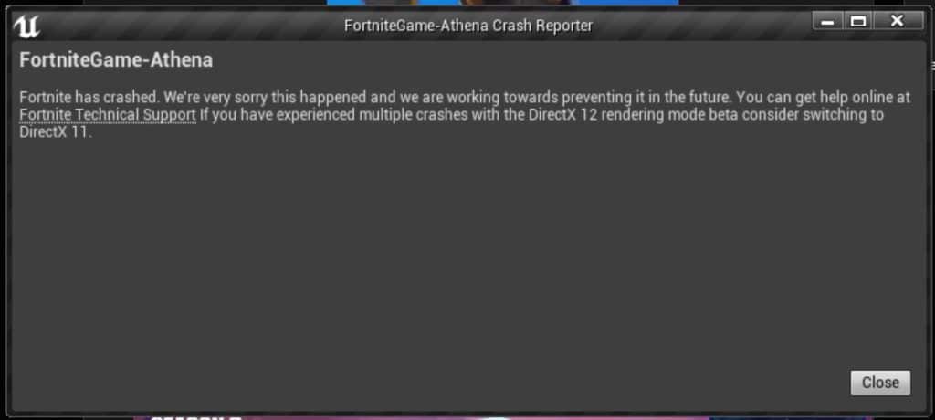 Screenshot of the Fortnite Athena Crash Reporter message
